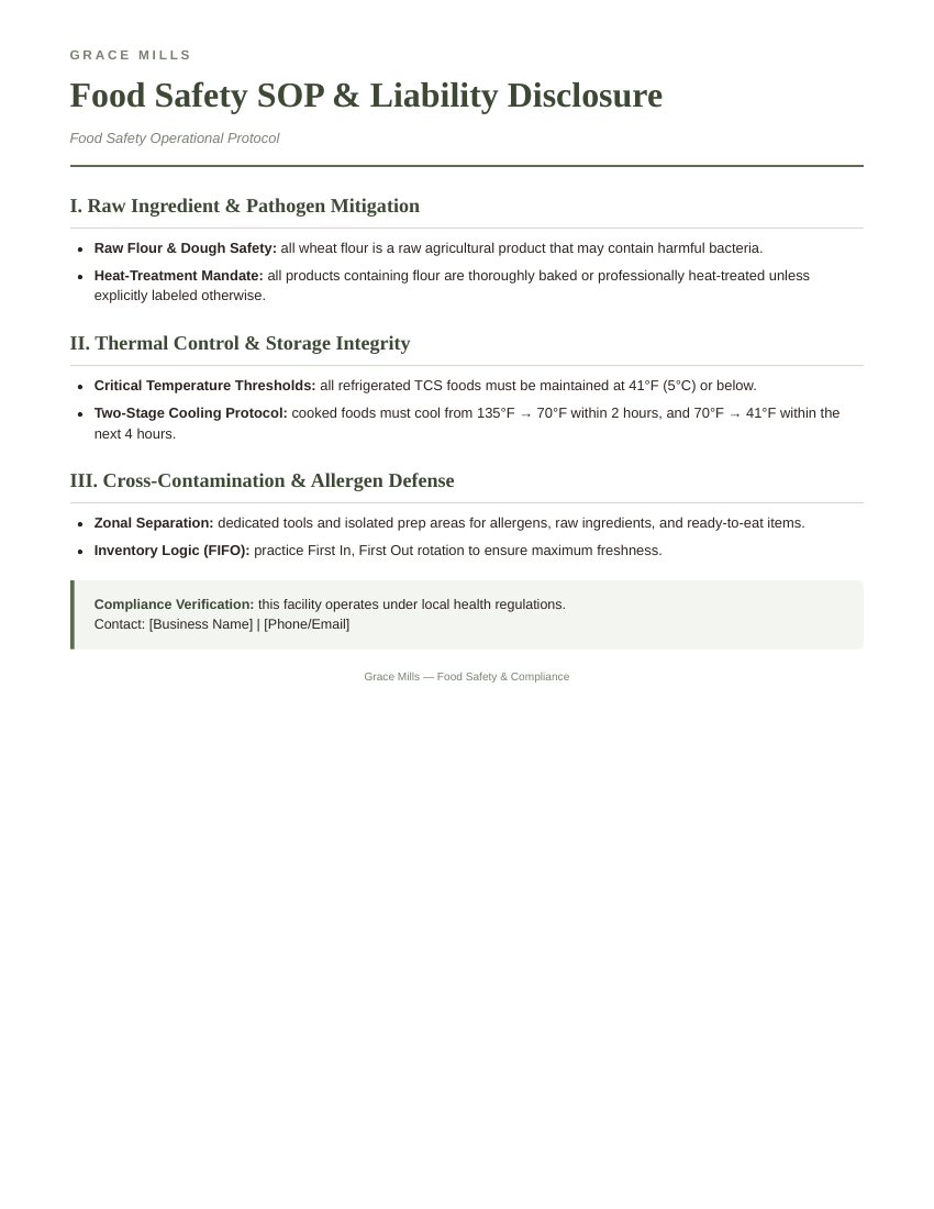 Grace Mills food safety SOP and liability disclosure