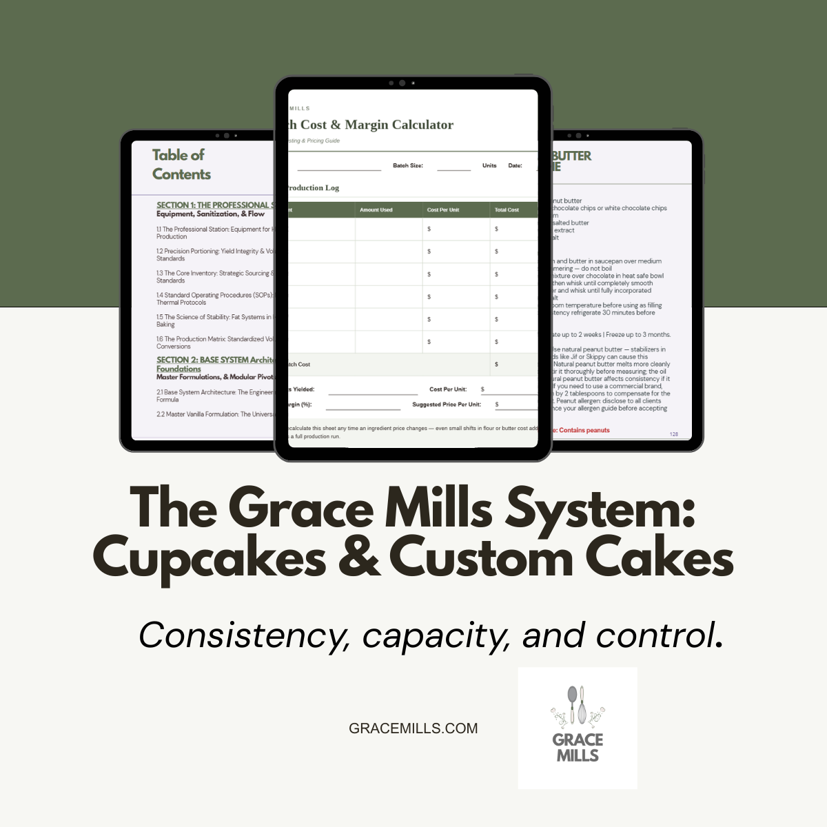 The Grace Mills System: Cupcakes & Custom Cakes — cover and manual preview spread across three tablets